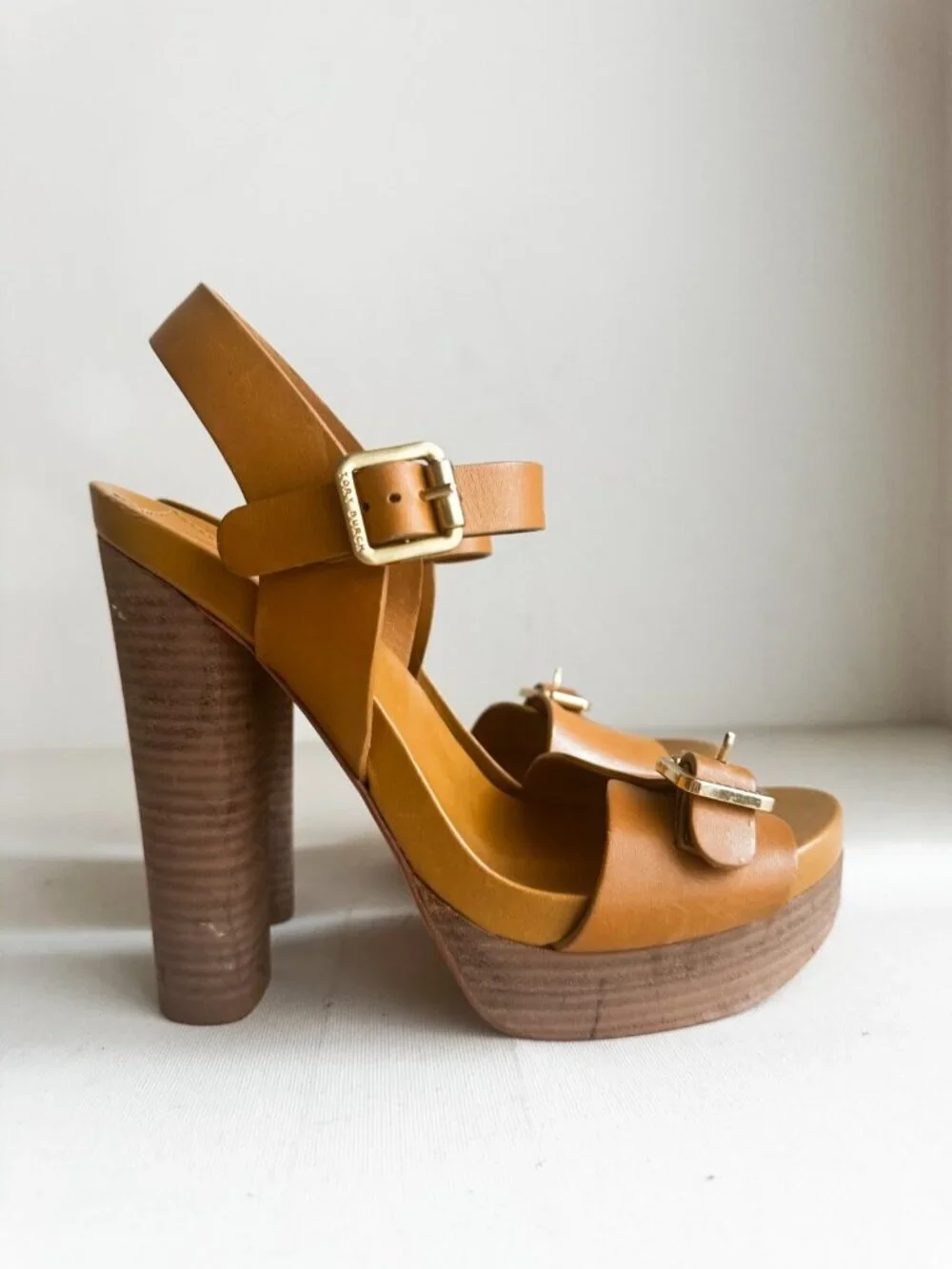 Tory Burch Brown Leather Stacked Heel Sandals 8.5